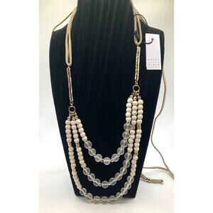 WHITE HOUSE/BLACK MARKET Beige Genuine Stone, Bead, Suede & Gold Tone Necklace